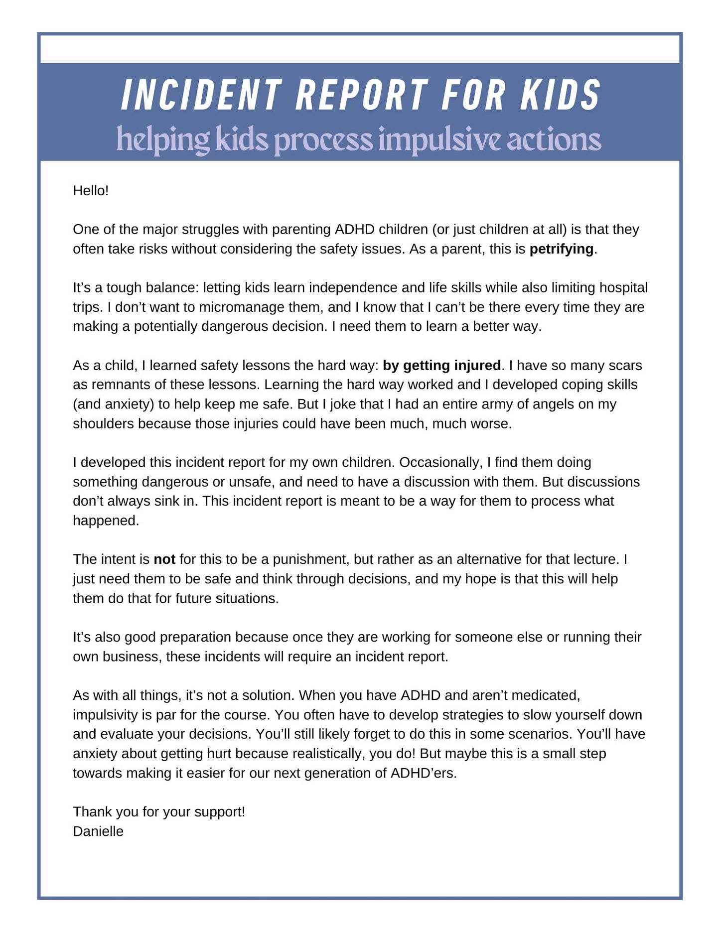 Printable Incident Report for Kids – Safety Awareness & Reflection Sheet
