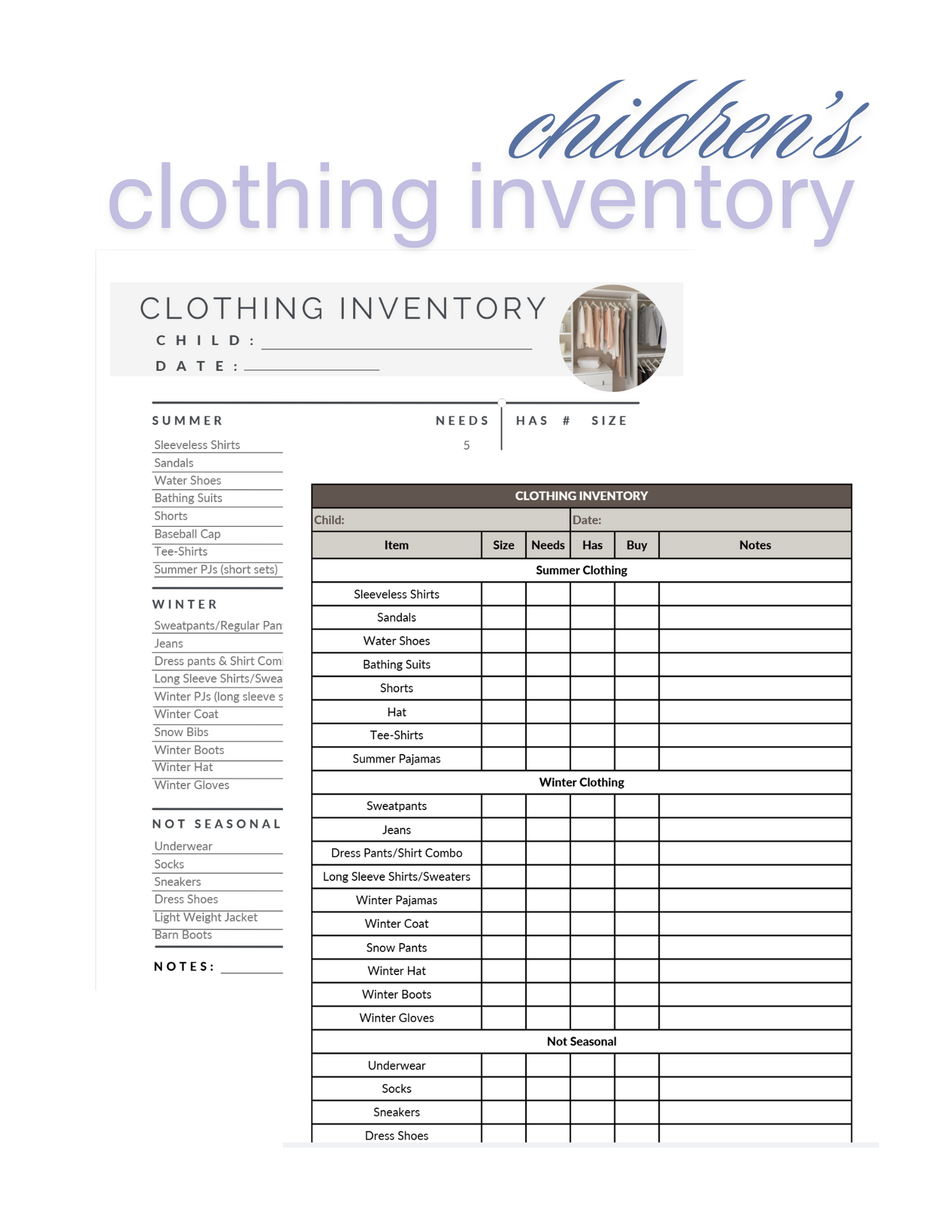 Clothing Inventory for Children