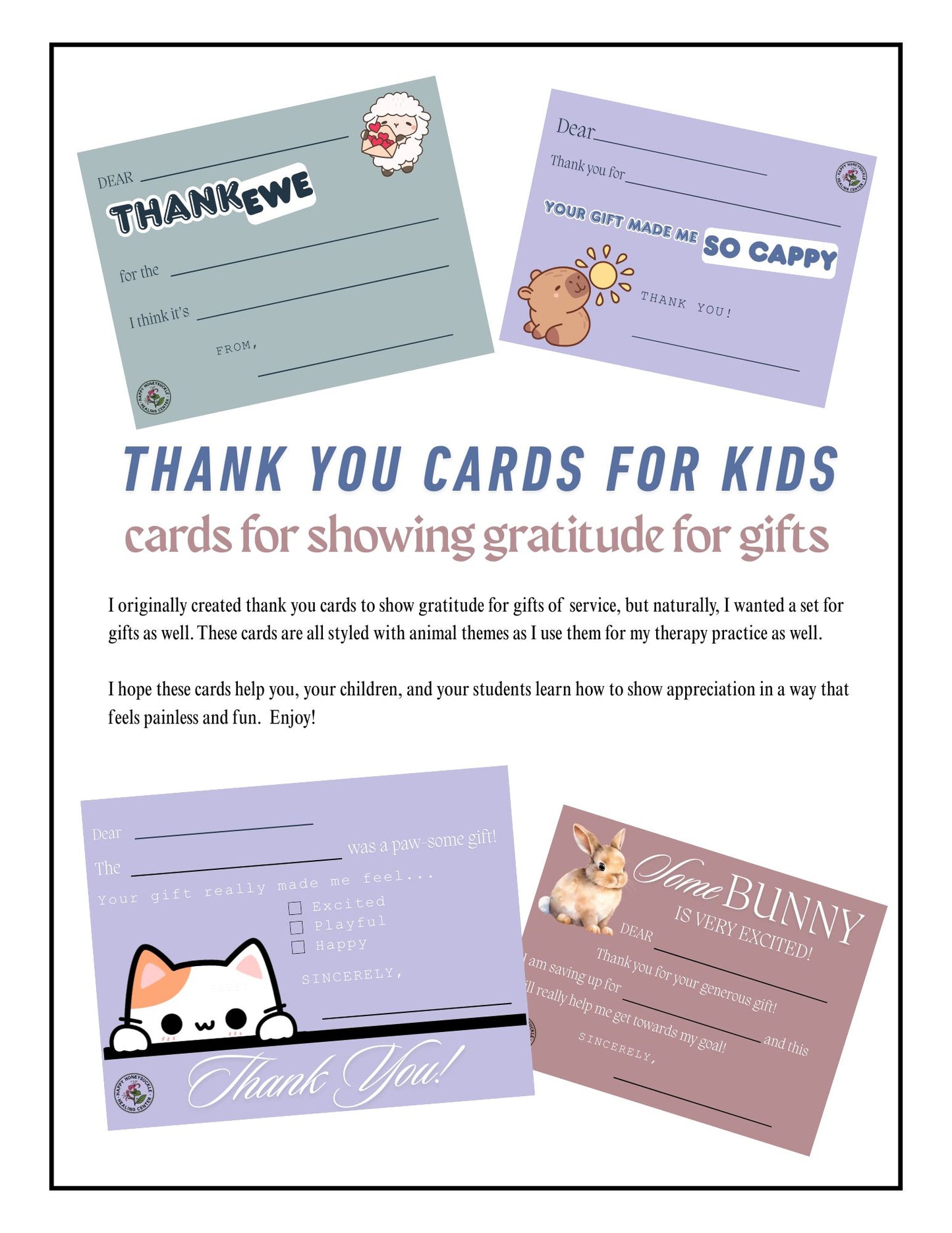 Printable Thank You Cards for Kids – Animal-Themed Fill-in-the-Blank Set